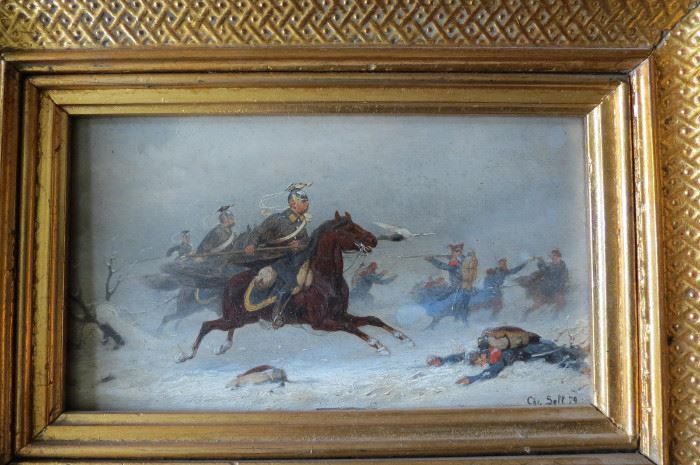 Antique oil painting of a cavalry scene in a gilt frame