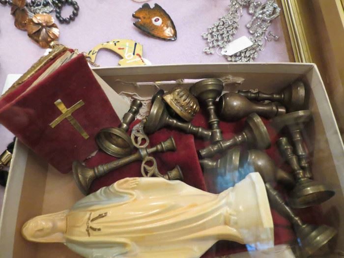Box of religious artifacts, crosses and chalices