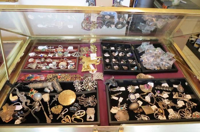 Display cases of vintage jewelry in a Wicker Park estate