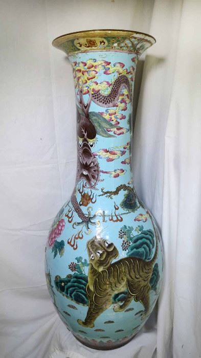 Chinese turquoise floor vase with dragon and tiger
