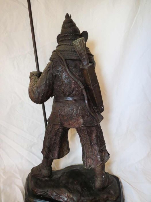 Japanese bronze warrior figure on a carved base